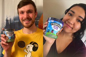 Co-hosts of The Flavorcast Jacob Ohrt (left) and Brillian Qi-Bell (right) pose with a pint of Ben and Jerry’s Ice Cream. (Contributed) 