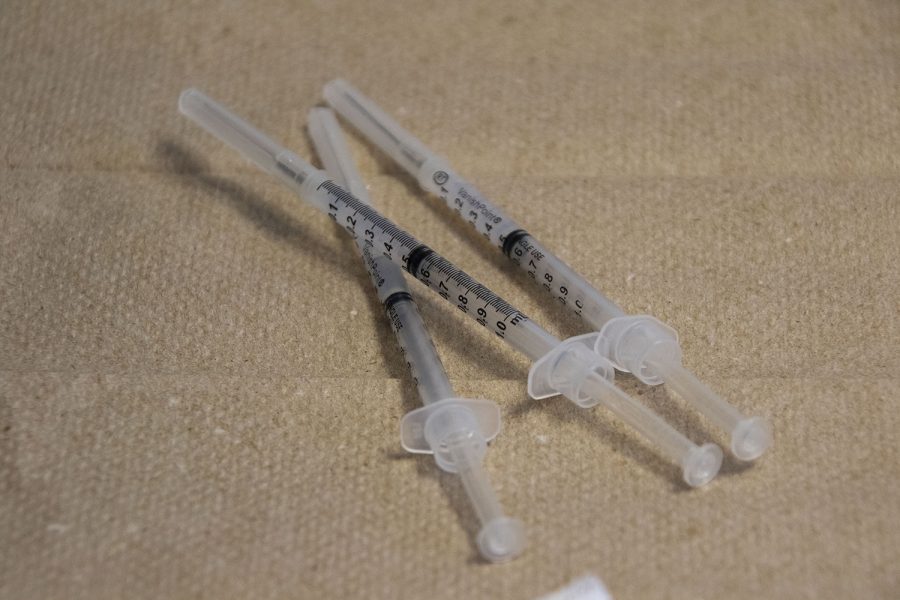 U of Iowa students given first round of vaccinations on Thursday, Jan 28, 2021. Syringes wait to be used. Each has the Moderna Covid-19 vaccine in it.