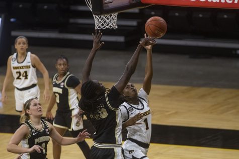 Iowa guard Tomi Taiwo goes for a layup during a womens basketball game against Purdue on Monday, Jan. 18, 2021 at Carver Hawkeye Arena. The Hawkeyes defeated the Boilermakers 87-81.