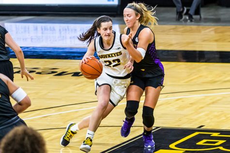 Caitlin Clark runs the ball down the court during the Iowa Hawkeyes Women’s Basketball season opener again Northern Iowa on Nov. 25, 2020. The Hawkeyes defeated Northern Iowa 96-81.
