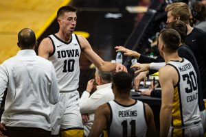 Iowas Joe Wieskamp walks to the bench during a mens basketball game between Iowa and Rutgers at Carver-Hawkeye Arena on Wednesday, Feb. 10, 2021. The Hawkeyes defeated the Scarlet Knights, 79-66.