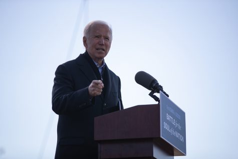 Democratic presidential candidate Joe Biden speaks during a Biden drive-in rally on Friday, Oct. 30, 2020 at the Iowa State Fairgrounds in Des Moines. Around 200 cars parked on the grounds and a few people gathered at the front as Biden commented on a change in the presidency and promised to address issues with public health due to the Coronavirus. 