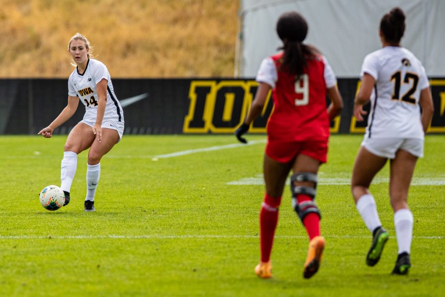 Iowa defender Sara Wheaton passes the ball during a womens soccer match between Iowa and Maryland at the Iowa Soccer Complex on Sunday, October 13, 2019. The Hawkeyes shut out the Terrapins, 4-0.