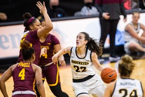 Iowa guard Caitlin Clark drives to the rim during a womens basketball game between Iowa and Minnesota at Carver-Hawkeye Arena on Wednesday, Jan. 6, 2021. The Hawkeyes defeated the Golden Gophers, 92-79.