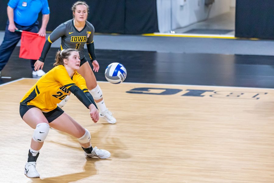 Iowa Outside Hitter Edina Schmidt bumps the ball during the Iowa Volleyball game against Indiana on Feb. 6, 2021 at Xtream Arena. Indiana defeated Iowa 3-2. 