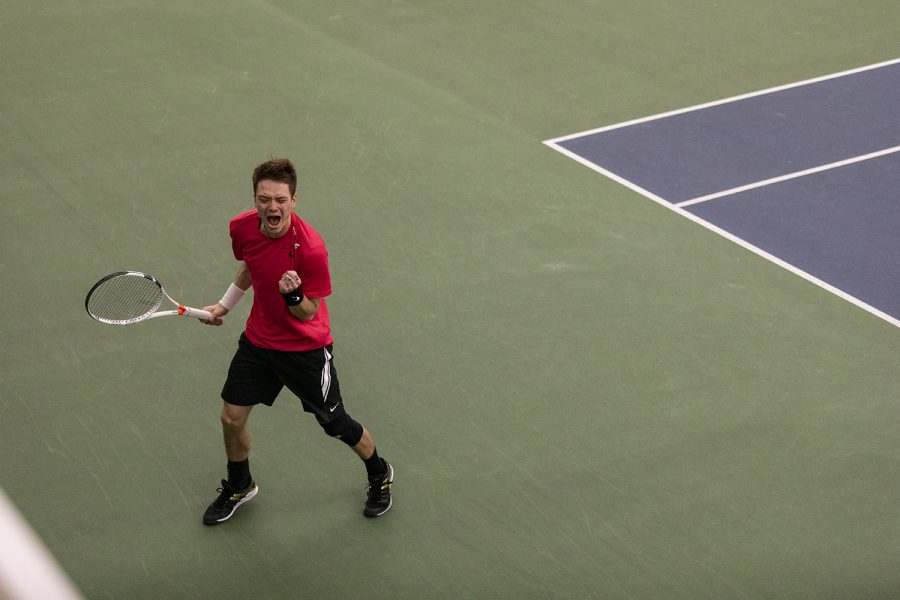 Iowas Jason Kerst celebrates after scoring a point during the Iowa mens tennis meet v. Purdue at the Hawkeye Tennis and Recreation Complex on Sunday, Feb. 21, 2021. The Hawkeyes defeated the Boilermakers with a score of 4-0. 