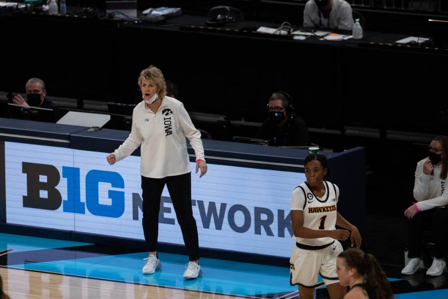 Iowa+Head+Coach+Lisa+Bluder+yells+from+the+sideline+during+a+second+round+game+of+the+Big+10+women%E2%80%99s+basketball+tournament.+Iowa%2C+ranked+%236%2C+took+on+%2311+Purdue+in+Indianapolis+at+the+Bankers+Life+Fieldhouse+Wednesday+night.+The+Hawkeyes+beat+the+Boilermakers%2C+83-72%2C+advancing+the+Hawks+to+take+on+Rutgers+Thursday+night+in+the+Big+10+quarterfinals.
