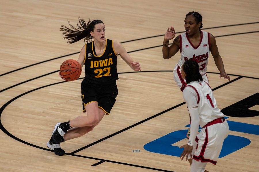 Iowa Guard Caitlin Clark (22) rushes to the basket during a quarterfinal game of the Big Ten women’s basketball tournament. Iowa, ranked No. 6, took on No. 3 seeded Rutgers in Indianapolis at the Bankers Life Fieldhouse Thursday night. Iowa beat Rutgers in an upset, 73-62, advancing the  Hawkeyes to take on Michigan State Friday in the Big 10 semifinals. 