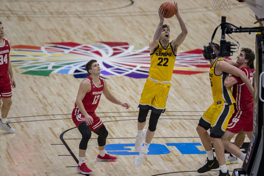 Iowa forward Patrick McCaffery shoots a basket during the Big Ten mens basketball tournament quarterfinals against Wisconsin on Friday, March 12, 2021 at Lucas Oil Stadium in Indianapolis. The Hawkeyes defeated the Badgers, 62-57. No. 3 Iowa will go on to play No. 2 Illinois tomorrow afternoon in the semifinals.