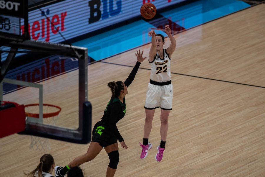 Iowa+Guard+Caitlin+Clark+%2822%29+takes+a+shot+during+a+semifinal+game+of+the+Big+Ten+women%E2%80%99s+basketball+tournament.+Iowa%2C+ranked+No.+6%2C+took+on+No.+7+seeded+Michigan+State+in+Indianapolis+at+the+Bankers+Life+Fieldhouse+Friday+afternoon.+The+Hawks+beat+the+Spartans%2C+87-72%2C+advancing+the+Hawks+to+take+on+Maryland+Saturday+in+the+Big+10+finals.