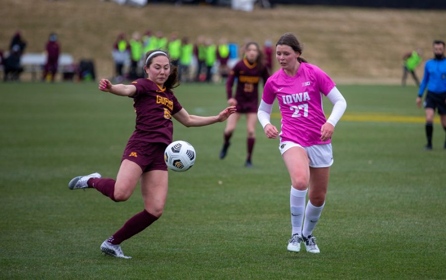 Minnesota Defender Katie Koker kicks the ball deeper into Iowa territory during a soccer game between Iowa and Minnesota on March 14, 2021 at the Iowa Soccer Complex. The Gophers defeated the Hawkeyes 1-0. 