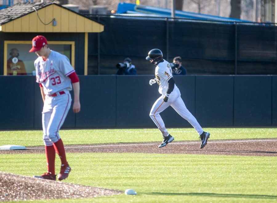 Iowa Second Basemen Brendan Sher rounds the bases after hitting a solo home run during a baseball game between Iowa and Nebraska at Duane Banks Field on March 19, 2021. The Hawkeyes defeated the Cornhuskers 3-0. 