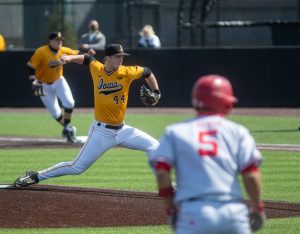 Iowa Pitcher Duncan Davitt throws a pitch during a baseball game between Iowa and Nebraska at Duane Banks Field on Sunday, March 21, 2021. Davitt went an inning and two-thirds, giving up five earned runs.The Cornhuskers defeated the Hawkeyes 13-8. 