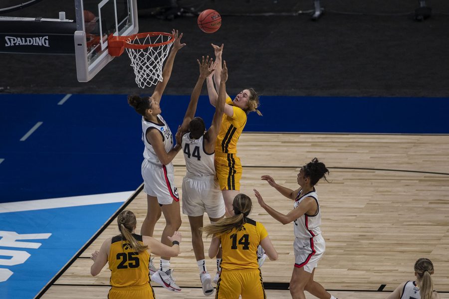 Iowa guard Kate Martin shoots a basket during the second quarter of the Sweet Sixteen NCAA womens basketball championship against No. 1 UConn on Saturday, March 27, 2021 at the Alamodome in San Antonio, Texas. The Hawkeyes are trailing behind the Huskies, 49-35 at halftime.