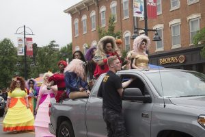 Area drag queens interact with parade attendees at Iowa City Pride on Saturday, June 15, 2019.