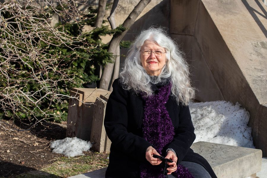 Carol Throckmorton poses for a portrait in front of the Iowa City/Johnson County Senior Center on March 4, 2021. 