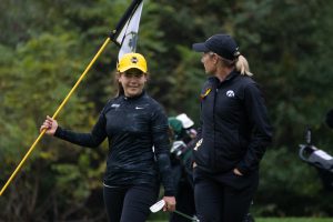 Iowa head coach Megan Menzel talks to Manuela Lizarazu during the Diane Thomason Invitational at Finkbine Golf Course on September 30th, 2018.The Hawkeyes placed 1st overall. 