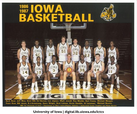 Former Iowa basketball player Michael Reaves (11) sits for a team photo in 1986. (Contributed by Iowa Digital Archives)