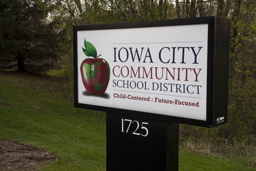 A+sign+for+the+Iowa+City+Community+School+District+is+seen+outside+the+districts+administration+building+on+Tuesday%2C+April+28.