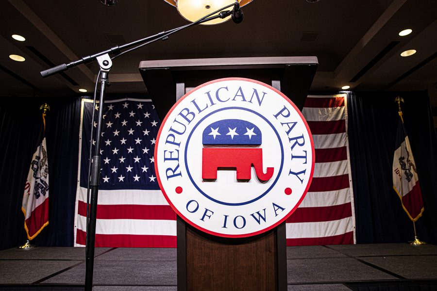 The official podium of the of the Joni Ernst Republican watch party is seen at the Des Moins Marriott Downtown on Tuesday, November 3rd, 2020 . Republicans from across the state have gathered to watch the results of the 2020 General Election.