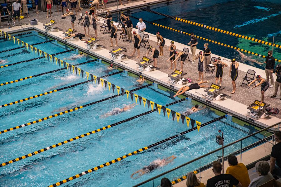 The+womens+medley+relay+is+underway+during+a+swim+meet+at+the+Campus+Recreation+and+Wellness+Center+on+Saturday%2C+Jan.+16%2C+2021.+The+womens+team+hosted+Nebraska+while+the+mens+team+had+an+intrasquad+scrimmage.+