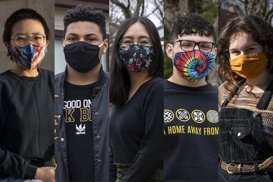 In this diptych University of Iowa students (from left) Sydney Nguyen, Michael Warner-Craft, Michelle Tran-Duong, Joseph Villalobos, and Whitney Martinez pose for portraits. (Katie Goodale/The Daily Iowan)