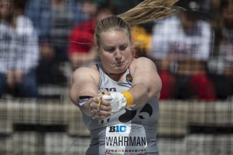 University of Iowa Junior Allison Wahrman throws the hammer during the first day of the Big Ten Track and Field Outdoor Championships at Cretzmeyer Track on Friday, May 10, 2019. Wahrman placed twenty-first in the hammer throw at a distance of 166 10.