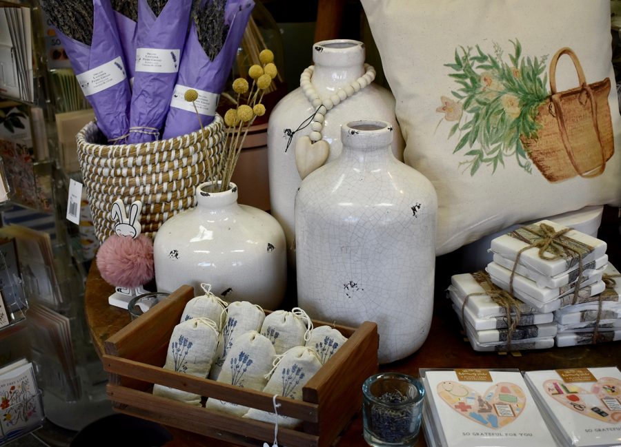 Dried lavender pouches and pots photographed inside Benos Flowers and Gifts on Wednesday, March 3, 2021. Benos, most known for their wedding bouquet and flower arrangements,  offers a variety of handmade and sustainable gifts. (Abby Watkins/The Daily Iowan)