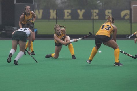 Iowa midfielder Lokke Stribos aims for the goal during a field hockey game against Michigan State at Grant Field on Sunday, September 29, 2019. Stribos scored one of 5 goals for the Hawkeyes. The Hawkeyes defeated the Spartans 5-0. 