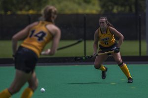 Iowa defender Lokke Stribos passes the ball to defender Anthe Nijziel during an exhibition game against Northwestern at Grant Field on Saturday, August 24, 2019. The Hawkeyes defeated the Wildcats 3-2. 