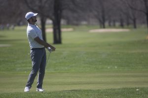 Gonzalo Leal watches the ball after driving it during a golf invitational at Finkbine Golf Course on Saturday, April 20, 2019. Iowa came in first with a score of 593 against 12 other teams.