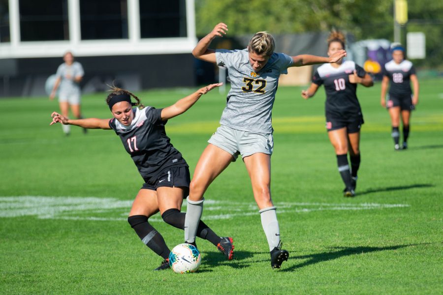 Iowa forward Gianna Gourley fights for possession during Iowas match against Illinois State on Sunday, September 1, 2019. The Hawkeyes defeated the Red Birds 4-3.