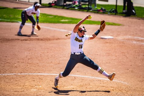 Iowa pitcher Sarah Lehman winds up for a pitch during a softball game between Iowa and Ohio State at Bob Pearl Field on Sunday, May 5, 2019. The Hawkeyes, celebrating senior day, fell to the Buckeyes, 5-0. 