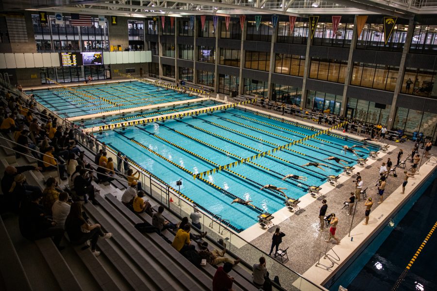 Competition is underway during a swim meet at the Campus Recreation and Wellness Center on Saturday, Jan. 16, 2021. The womens team hosted Nebraska while the mens team had an intrasquad scrimmage.
