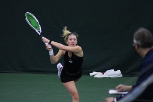 Iowa freshman Alexa Noel swings at a ball during her singles match at the Iowa womens tennis meet v. Ohio State on Sunday, March 7, 2021. While Noel won her match 6-2, the Hawkeyes were defeated by the Buckeyes, 2-5. 