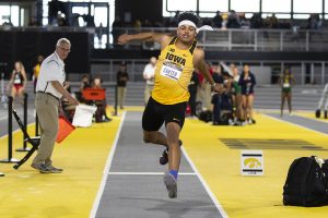 Iowa jumper James Carter competes in the men’s triple jump during the fourth annual Larry Wieczorek Invitational at the University of Iowa Recreation Building on Saturday, Jan 18, 2020. 