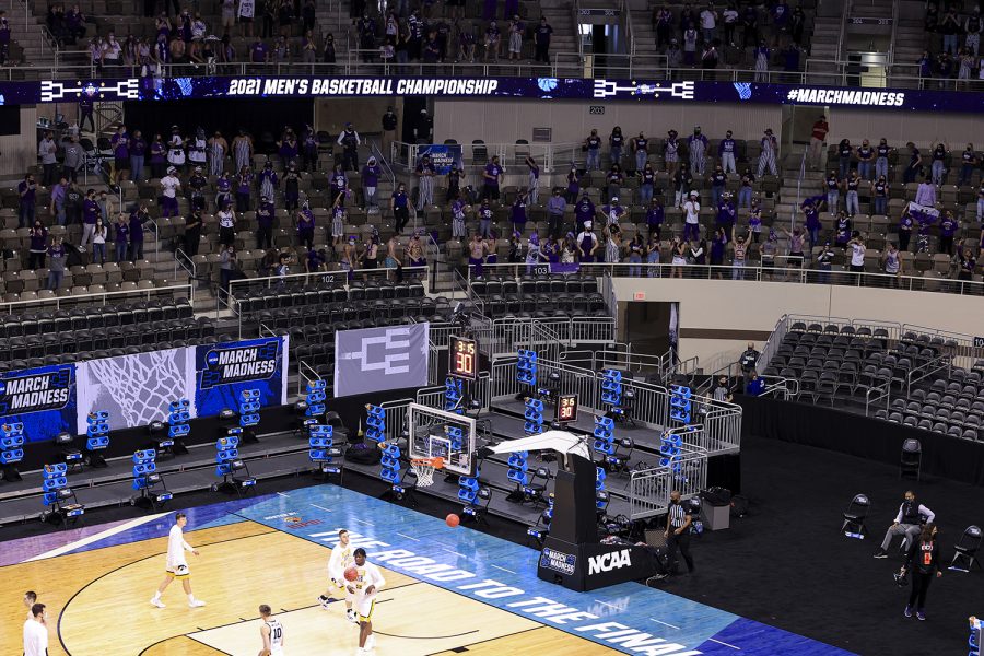 Mar 20, 2021; Indianapolis, IN, USA; A view of the area and the basketball court and the stands and the fans during the game between the Iowa Hawkeyes and the Grand Canyon Lopes during the first round of the 2021 NCAA Tournament at Indiana Farmers Coliseum.  