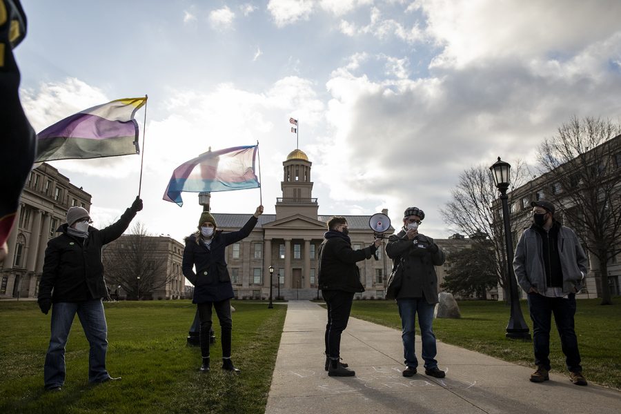 A community member speaks during the Trans Day of Visibility rally at the Pentacrest on Wednesday, March 31, 2021. The event was put on by the LGBTQ Iowa Archives and Library, and featured chalking and speeches by members of the community. 