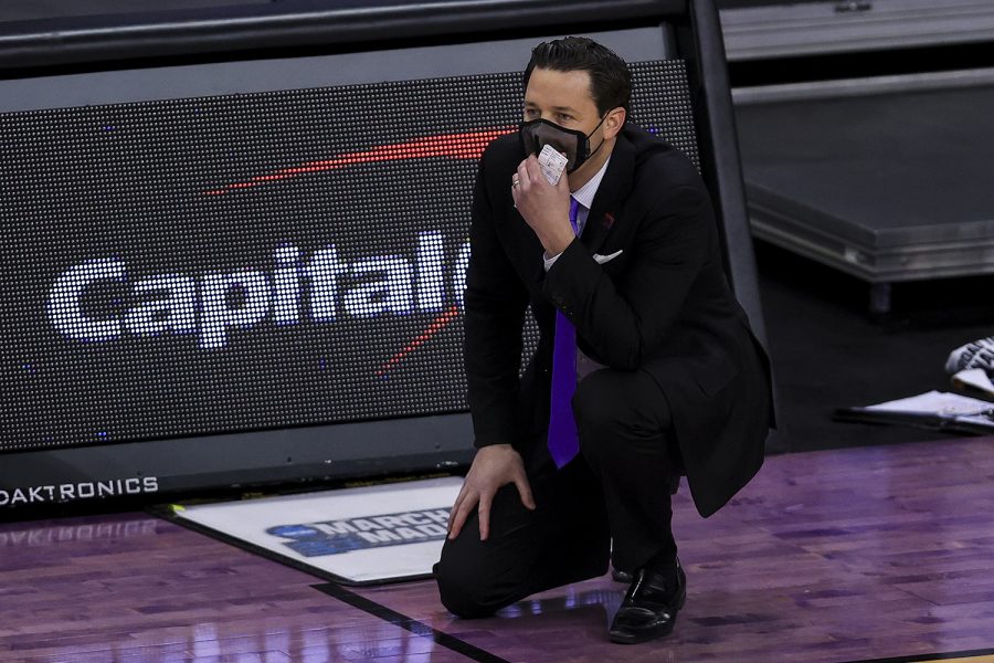 Mar 20, 2021; Indianapolis, IN, USA; Grand Canyon Antelopes head coach Bryce Drew watches his team take on the Iowa Hawkeyes during the first round of the 2021 NCAA Tournament at Indiana Farmers Coliseum.  