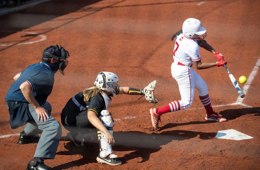 Indiana outfielder Aaliyah Andrews connects for a base hit during a softball game between Iowa and Indiana at Pearl Field on Saturday, April 3, 2021. The Hawkeyes defeated the Hoosiers 1-0.