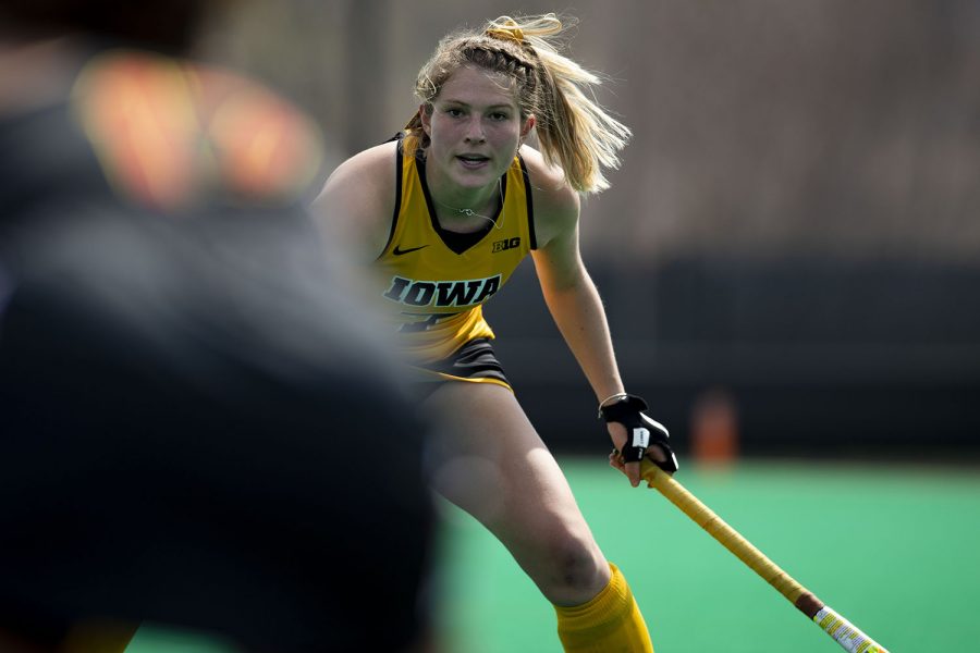 Iowa midfielder Ellie Holley waits for Maryland to pass the ball during the first quarter of a field hockey game between Iowa and Maryland on Sunday, April 4, 2021 at Grant Field. The Hawkeyes defeated the Terrapins, 3-0.