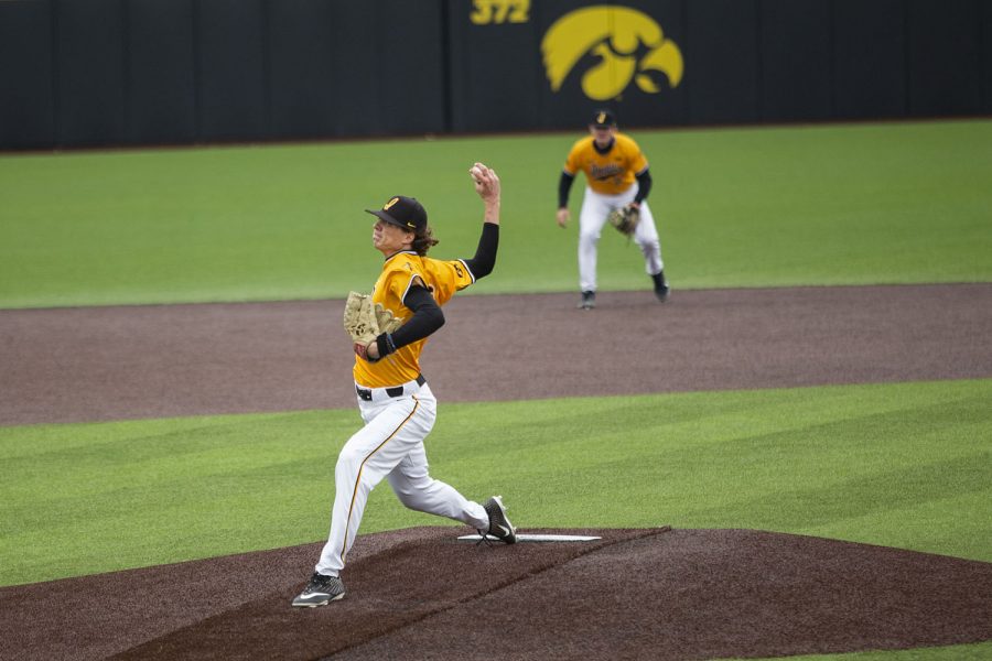 Iowa pitcher, Drew Irvine, pitches the ball during the Iowa baseball game v. Minnesota at the Duane Banks Field in Iowa City on April 11, 2021.