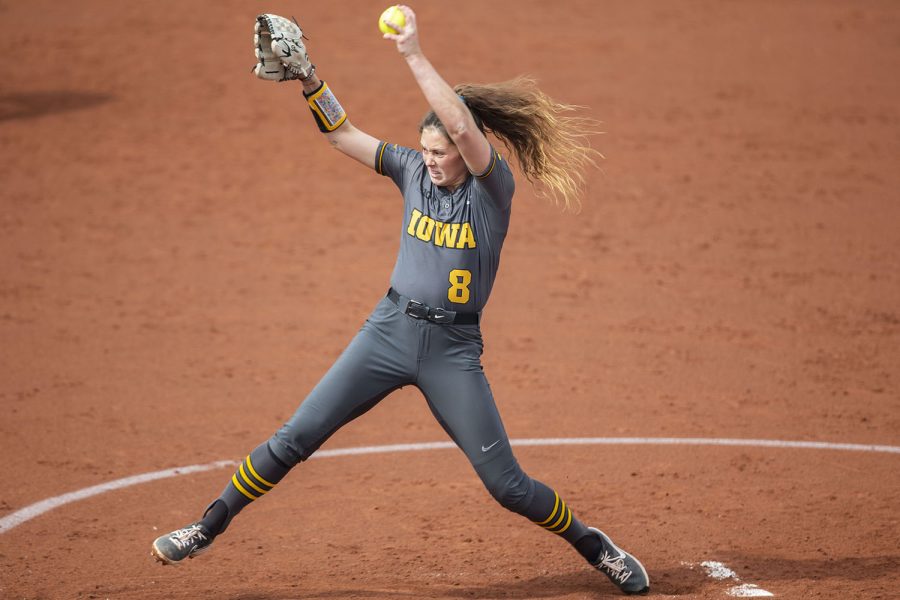 Iowa pitcher, Lauren Shaw, pitches the ball during the Iowa softball game v. Northwestern at Pearl Field on Friday, April 16, 2021. The Wildcats defeated the Hawkeyes with a score of 7-0.