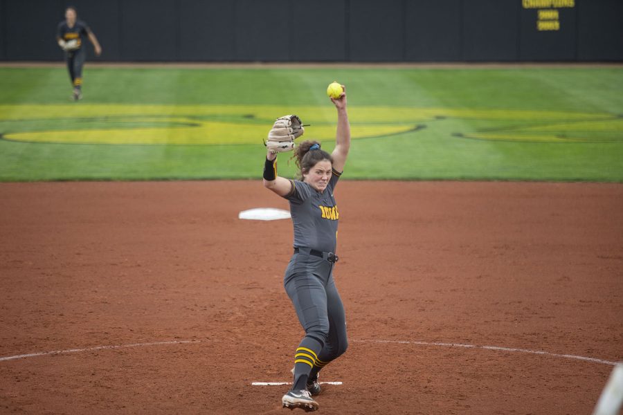 Iowa pitcher, Lauren Shaw, pitches the ball during the Iowa softball game v. Northwestern at Pearl Field on Friday, April 16, 2021. The Wildcats defeated the Hawkeyes with a score of 7-0. 