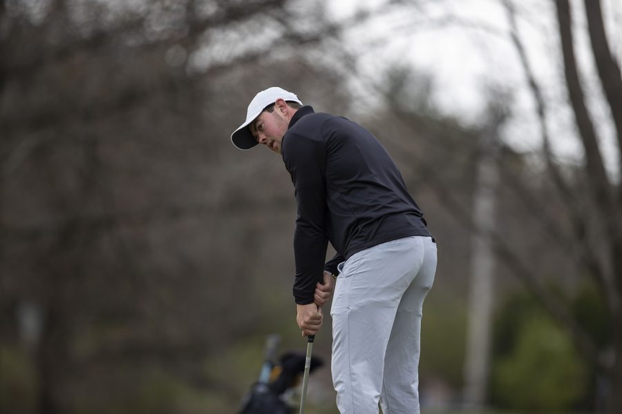 Iowa’s Mac McClear looks to the hole during the third round of the Hawkeye Invitational at Finkbine Golf Course on Sunday, April 18, 2021. Iowa won the invitational 24 under par. McClear finished second overall 10 under par.