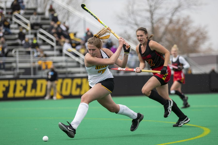 Iowa midfielder Ellie Holley attempts to score during the second quarter of the Big Ten field hockey tournament quarterfinals against No. 4 Maryland on Wednesday, April 21, 2021 at Grant Field. Holley scored Iowas first goal of the game at four minutes into the first quarter with an assist from forwards Leah Zellner and Maddy Murphy. The Hawkeyes defeated the Terrapins, 3-0.