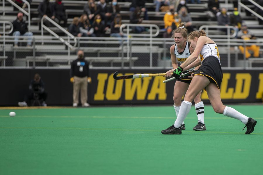 Iowa midfielder Lokke Stribos hits the ball after receiving the penalty corner shot during the second quarter of the Big Ten field hockey tournament quarterfinals against No. 4 Maryland on Wednesday, April 21, 2021 at Grant Field. The Hawkeyes defeated the Terrapins, 3-0. No. 5 Iowa will go on to play No. 1 Michigan tomorrow afternoon.