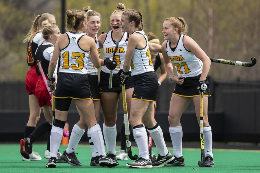 Iowa+players+celebrate+their+second+goal+of+the+game+during+the+first+quarter+of+the+Big+Ten+field+hockey+tournament+quarterfinals+against+No.+4+Maryland+on+Wednesday%2C+April+21%2C+2021+at+Grant+Field.+Alex+Wesneski+scored+seven+minutes+into+the+game+with+an+assist+from+Esme+Gibson.+The+Hawkeyes+defeated+the+Terrapins%2C+3-0.+No.+5+Iowa+will+go+on+to+play+No.+1+Michigan+tomorrow+afternoon.