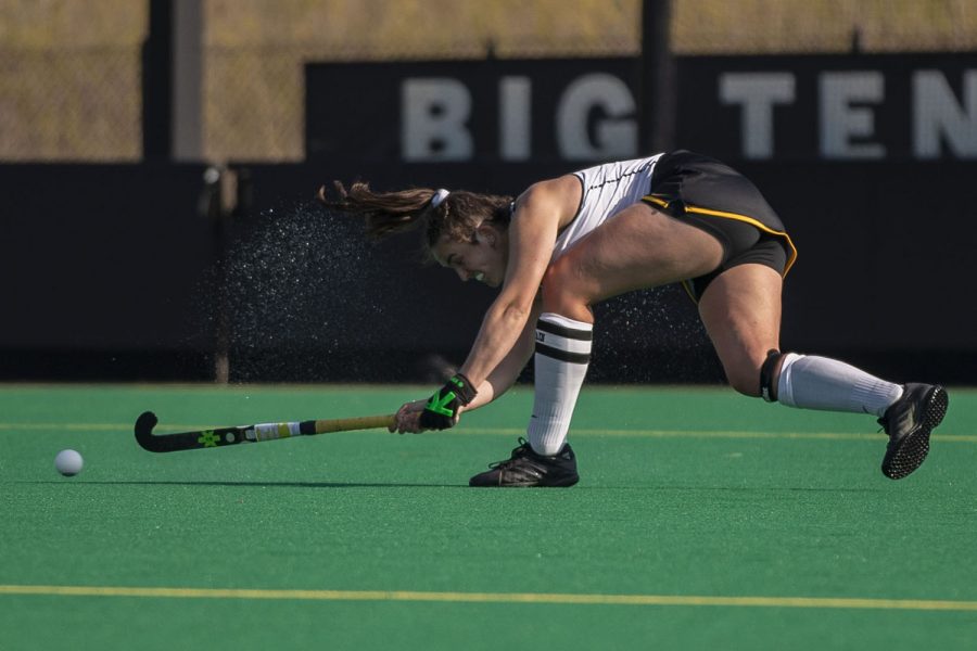 Iowa defender Anthe Nijziel sweeps the ball during the third quarter of the Big Ten field hockey tournament semifinals against No. 1 Michigan on Thursday, April 22, 2021 at Grant Field. The Hawkeyes were defeated by the Wolverines, 0-2. Michigan will go on to play against No. 7 Ohio State in the championships on Saturday.