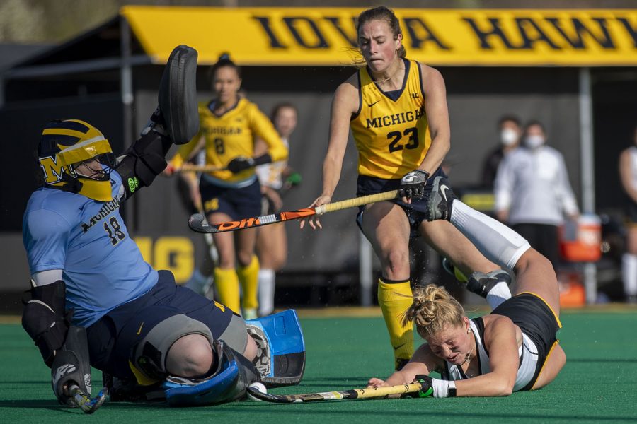 Iowa forward Alex Wesneski attempts a shot on the goal during the fourth quarter of the Big Ten field hockey tournament semifinals against No. 1 Michigan on Thursday, April 22, 2021 at Grant Field. With five minutes left of the game, Iowa pulled their goalkeeper to replace the position with another player on offense. The Hawkeyes were defeated by the Wolverines, 0-2. Michigan will go on to play against No. 7 Ohio State in the championships on Saturday.